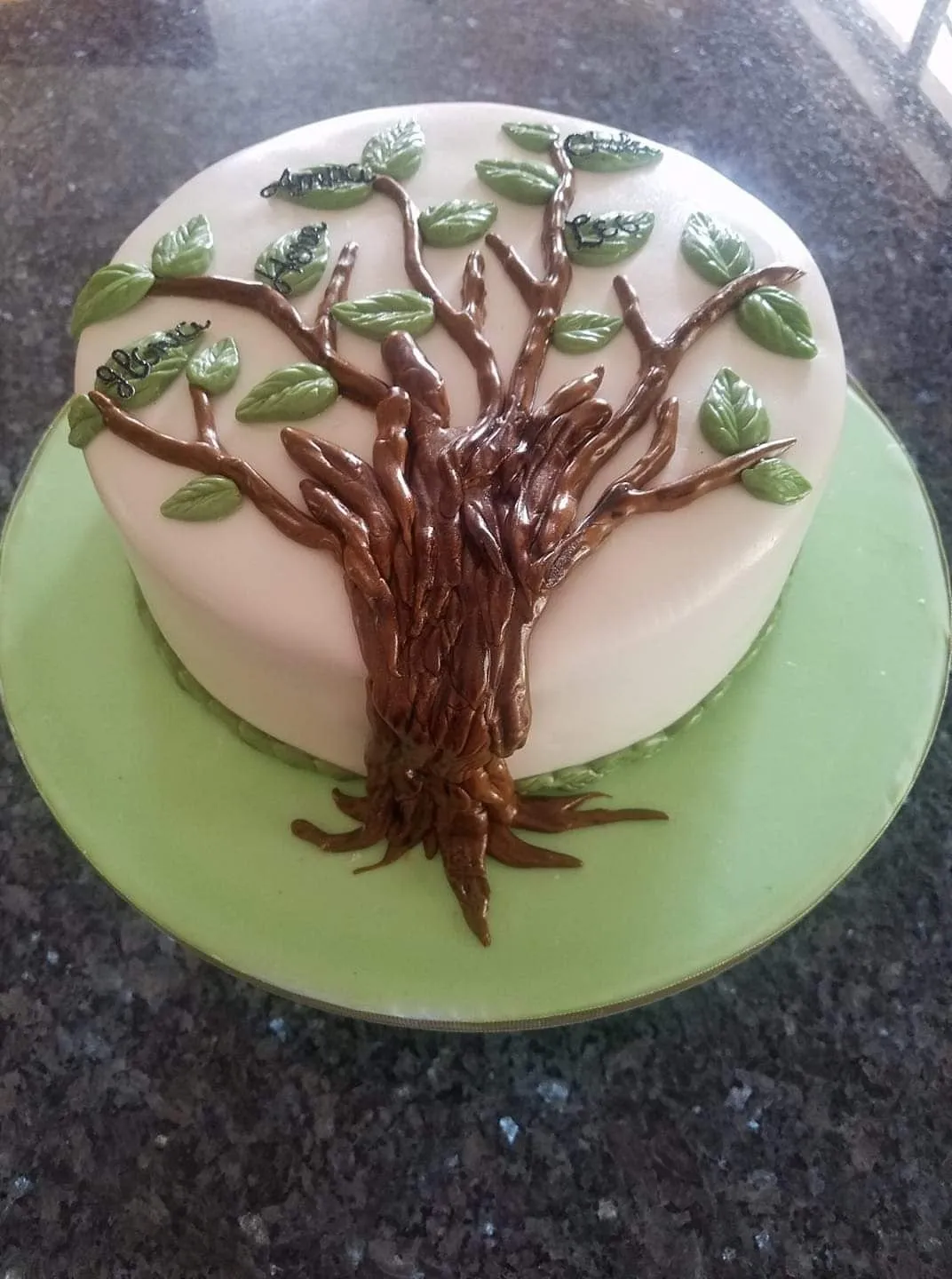 Ivory cake with a hand piped family tree in chocolate over a green board